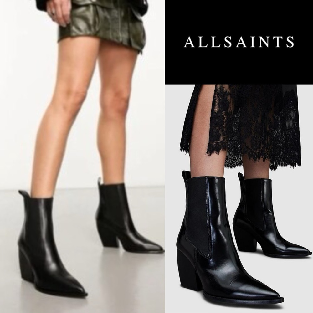 AllSaints Black Leather Pointed-Toe Ankle Boots